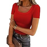 Chulianyouhuo Women's Short Sleeve Scoop Neck Ribbed Knit Fitted Casual Tops Tee Summer Slim Basic Shirts