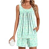 POPYOUNG Pajama Set for Women Summer Sleeveless Tank Tops Pjs Sets 2 Piece Lounge Set Comfy Shorts Sleepwear with Pockets