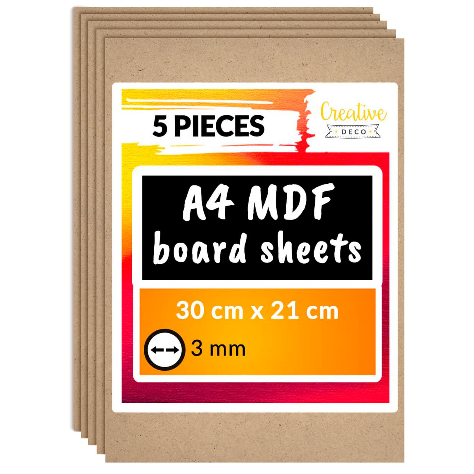 Creative Deco 5 x A4 MDF Board Sheet | 300 x 210 x 3mm Wood | Wooden Blank for Drawing, Home Decor, Art and Craft, Painting, DIY Projects, Laser Cutter, CNC Cutting, Scroll Saw, Stenciling Pyrography