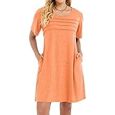 elescat Sundress for Women Casual Loose Summer Short Sleeve Pleated Front Crew Neck T Shirt Dress with Pockets