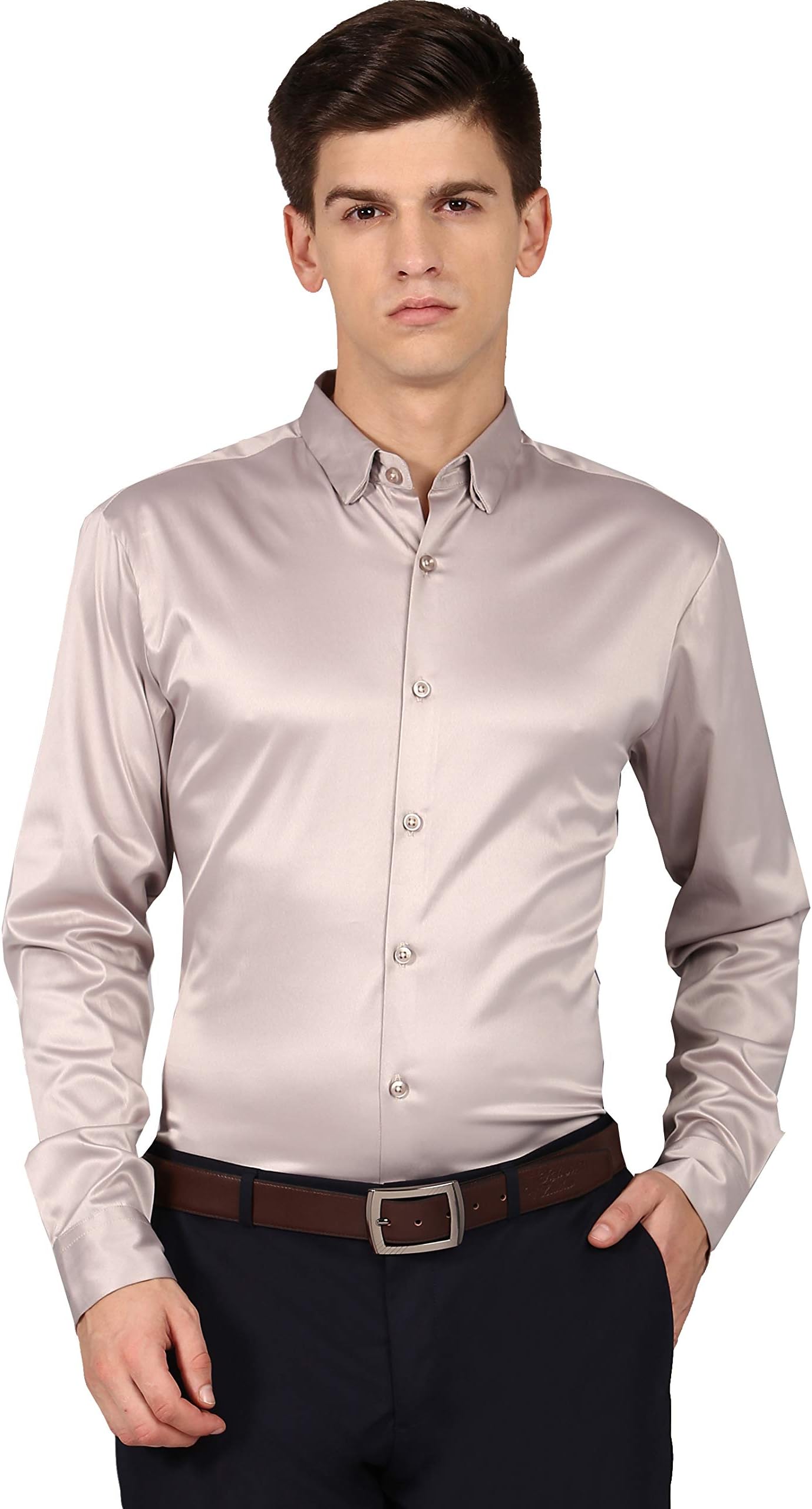 RODID Hidden Button Down Collar Full Sleeve Regular Fit Satin Shirt