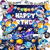 Space Birthday Party Decorations, 16 Guests Outer Space Birthday Tableware Set Outer Galaxy Party Plates Solar System Tablecloth Astronaut Balloons etc Space Astronaut Party Decorations