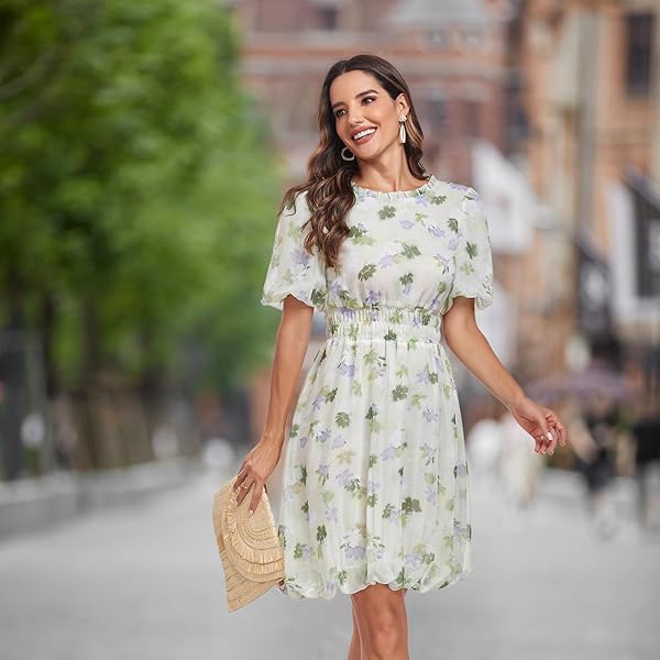 UTOKOTO WOMEN’S GARDEN SUMMER BOHO DRESSES RUFFLED ROUND NECK PLEATED SLEEVE TIE BACK STRAP IMPERIAL WAIST BEACH FLORAL MINI SKIRT (US, ALPHA (ALPHA), S, REGULAR, LIGHT GREEN), SMALL