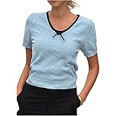 SOLY HUX Women's Ribbed Sweater Bow Crew Neck Short Sleeve Knit Pullover Fall Casual Going Out Tops
