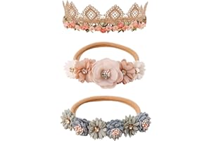 mligril Baby Girl Nylon Headbands Flower Hair Bows Accessories-Elastic Hair Band Crown Handmade FLoral Wraps Birthday Gifts for Girls Newborn Infant Toddler 3Pcs