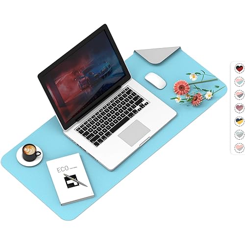2021 Office Desk Pad, Ultra Thin Waterproof PU Leather Mouse Pad, Dual Use Desk Writing Mat for Office/Home (35.4”X16.9”Blue & Silve)