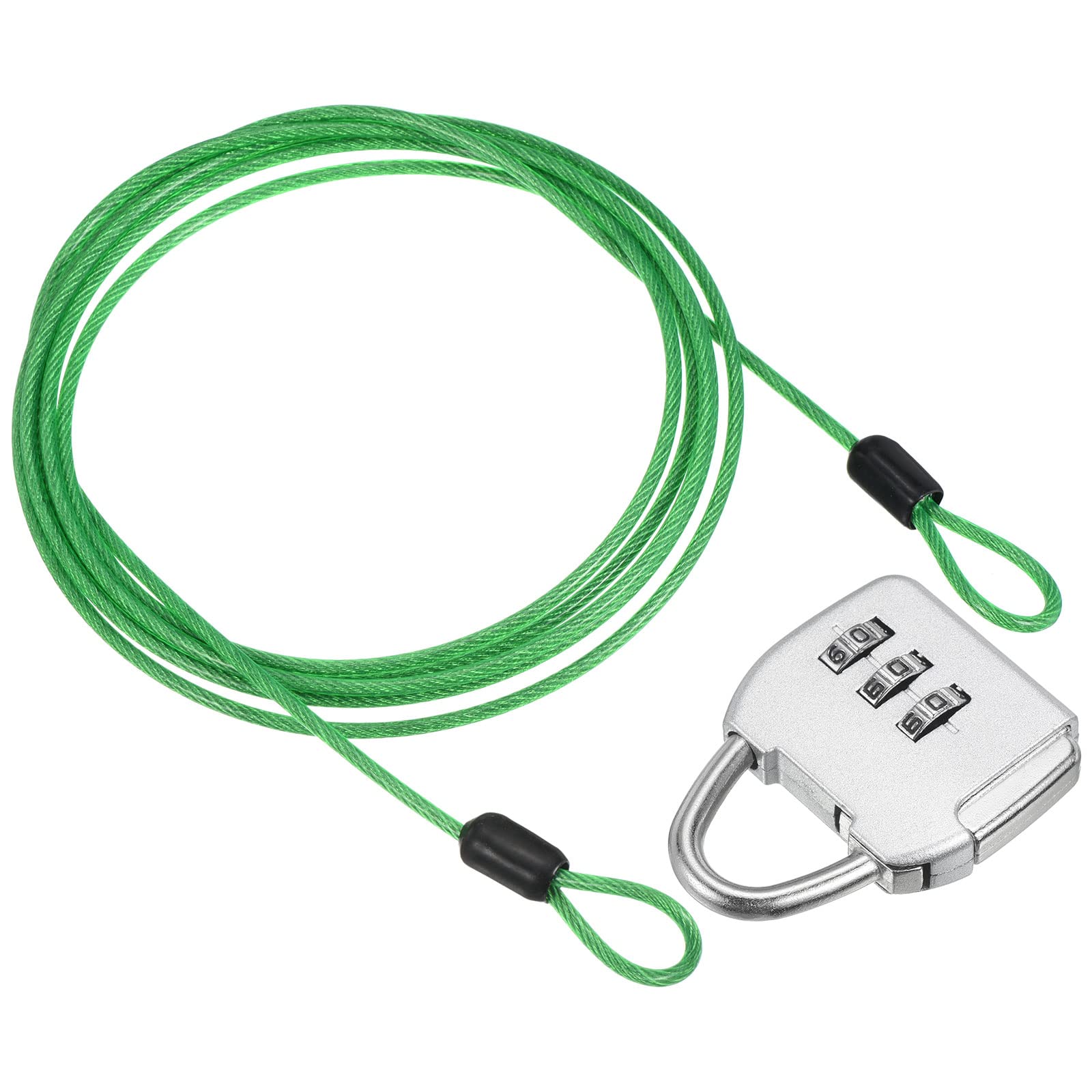PATIKIL Security Steel Cable with 3 Digit Combination Lock, Travel Padlock 6.5Ft Green Coated Safety Wire Rope Double Loop for Luggage Suitcase, Silver