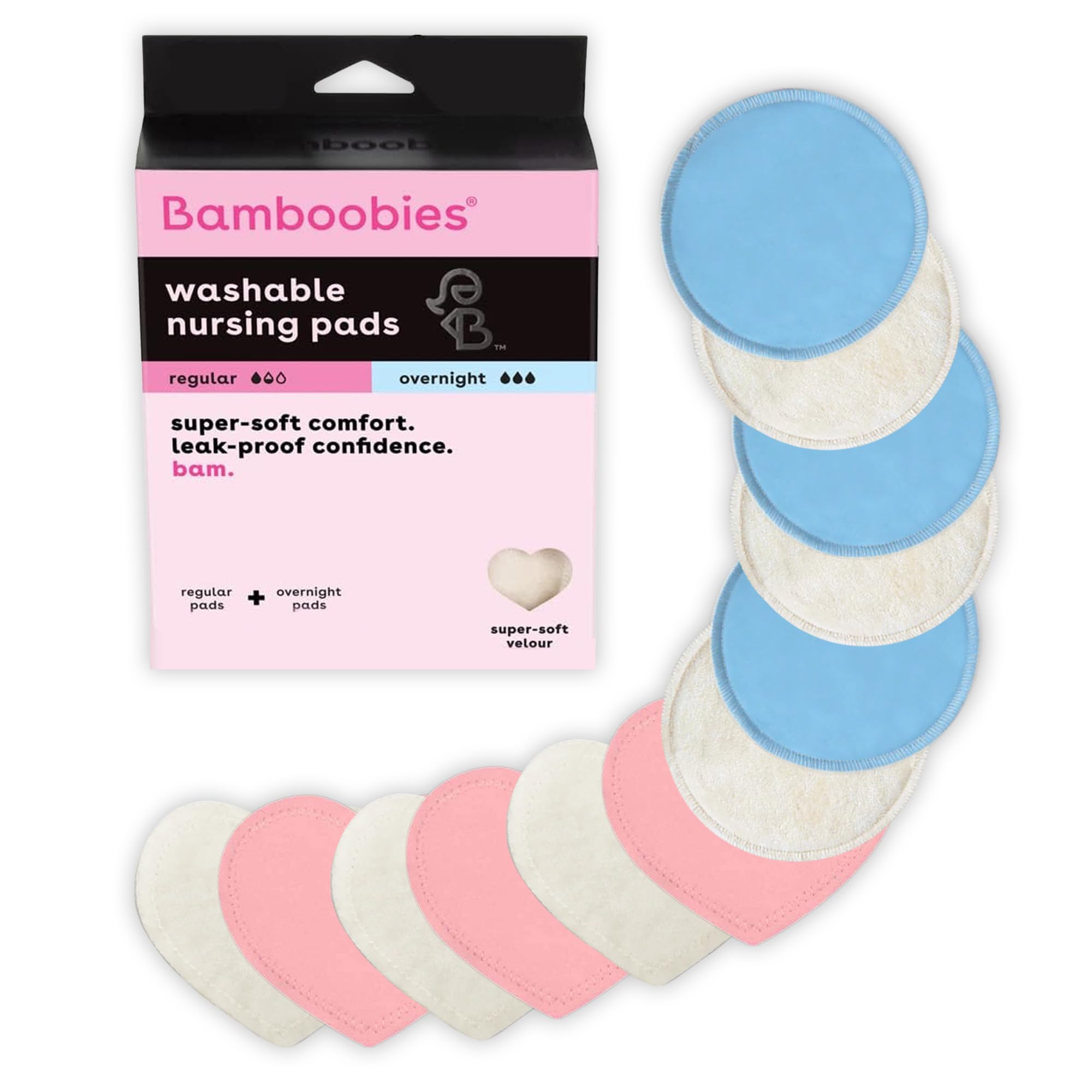 Photo 1 of **MISSING 2 HEAR SHAPED PADS**Bamboobies Nursing Pads, Ultra-Soft Velour, Reusable, Washable & Leak-Proof, 6 Ultra-Thin and 6 Overnight Pads for Breastfeeding