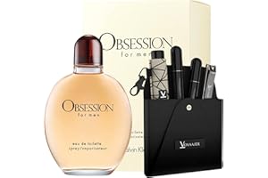 Voyaajer CK Obsession 6 Pc Bundle For Men 6.7 oz EDT With Black Vegan Leather Tote, 2 Refillable 5ML Perfume Atomizers, Lip Balm Sleeve, and Nail Clippers