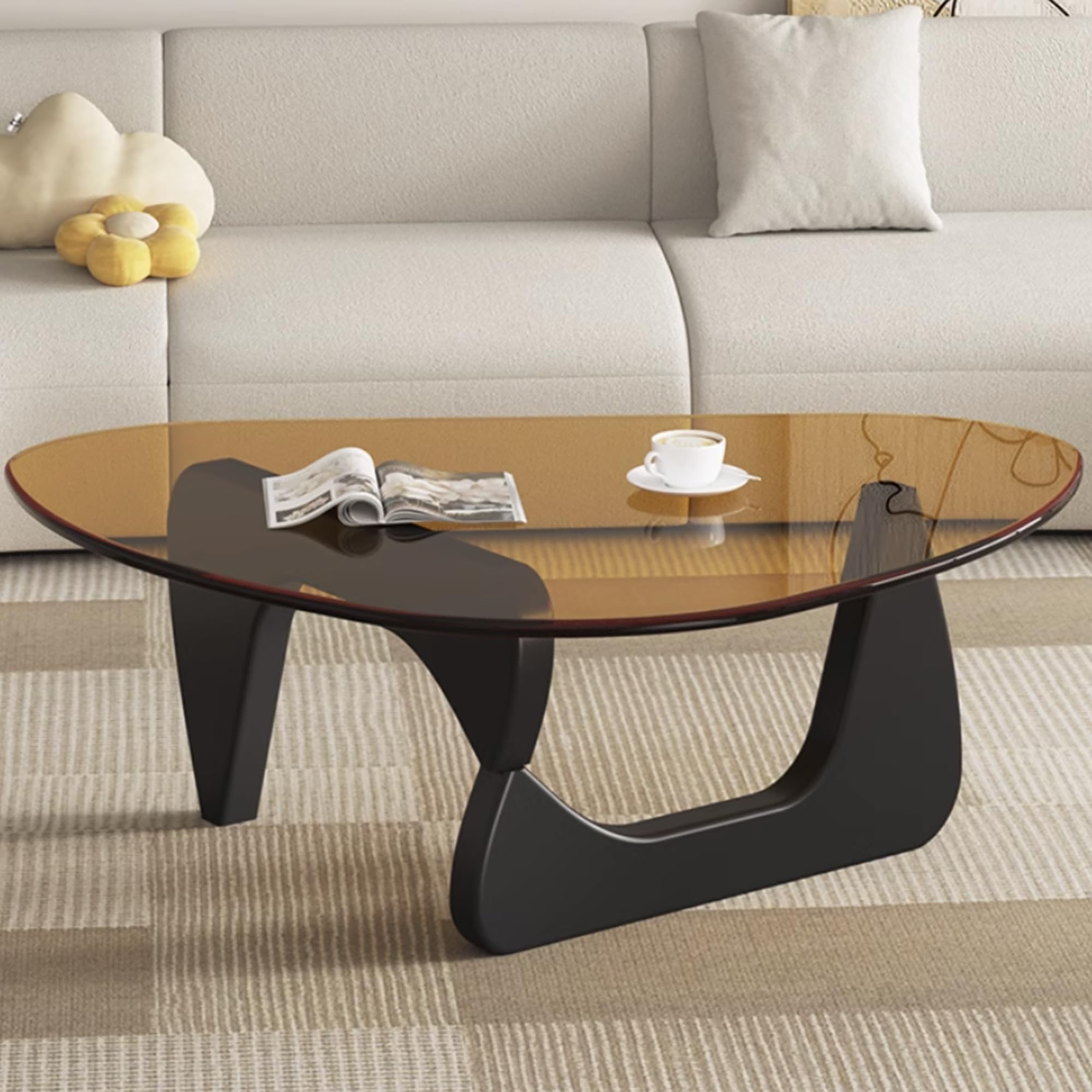 Photo 1 of --FACTORY SEALED-- EASYSOUL Modern Glass Coffee Table, 44.88" D x 32.28" W x 15.75" H, Abstract Round Tea Tables for Living Room Home Office Industrial Cocktail Tables (Black-Brown Glass, 44.88") --FACTORY SEALED--