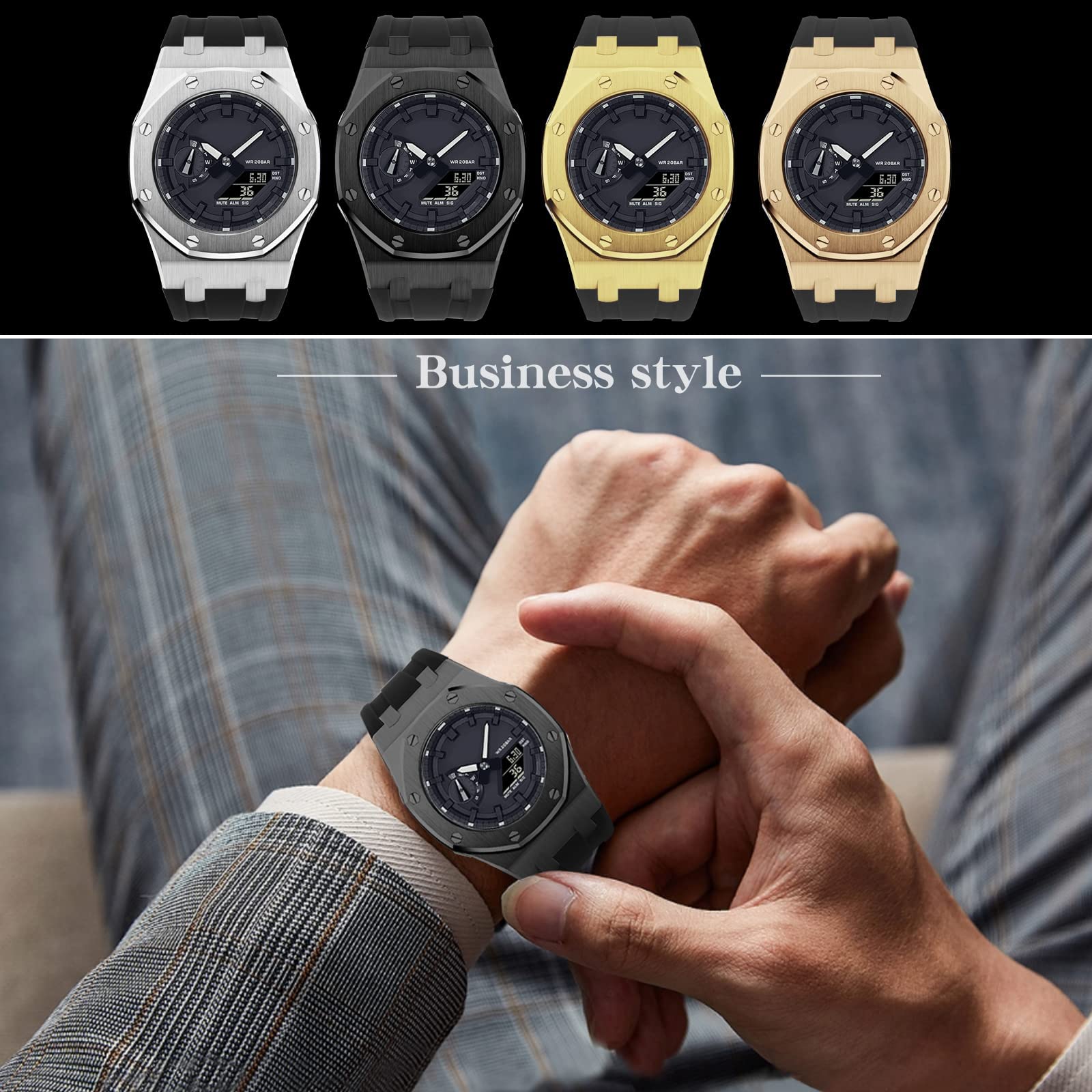 Neuupesen GA2100 Stainless Steel Watch Case with Metal Watchband and Rubber Strap Mod Kit - Compatible with GA-2100/GA-2110/GA-B2100 Series - Watch Part Replacement