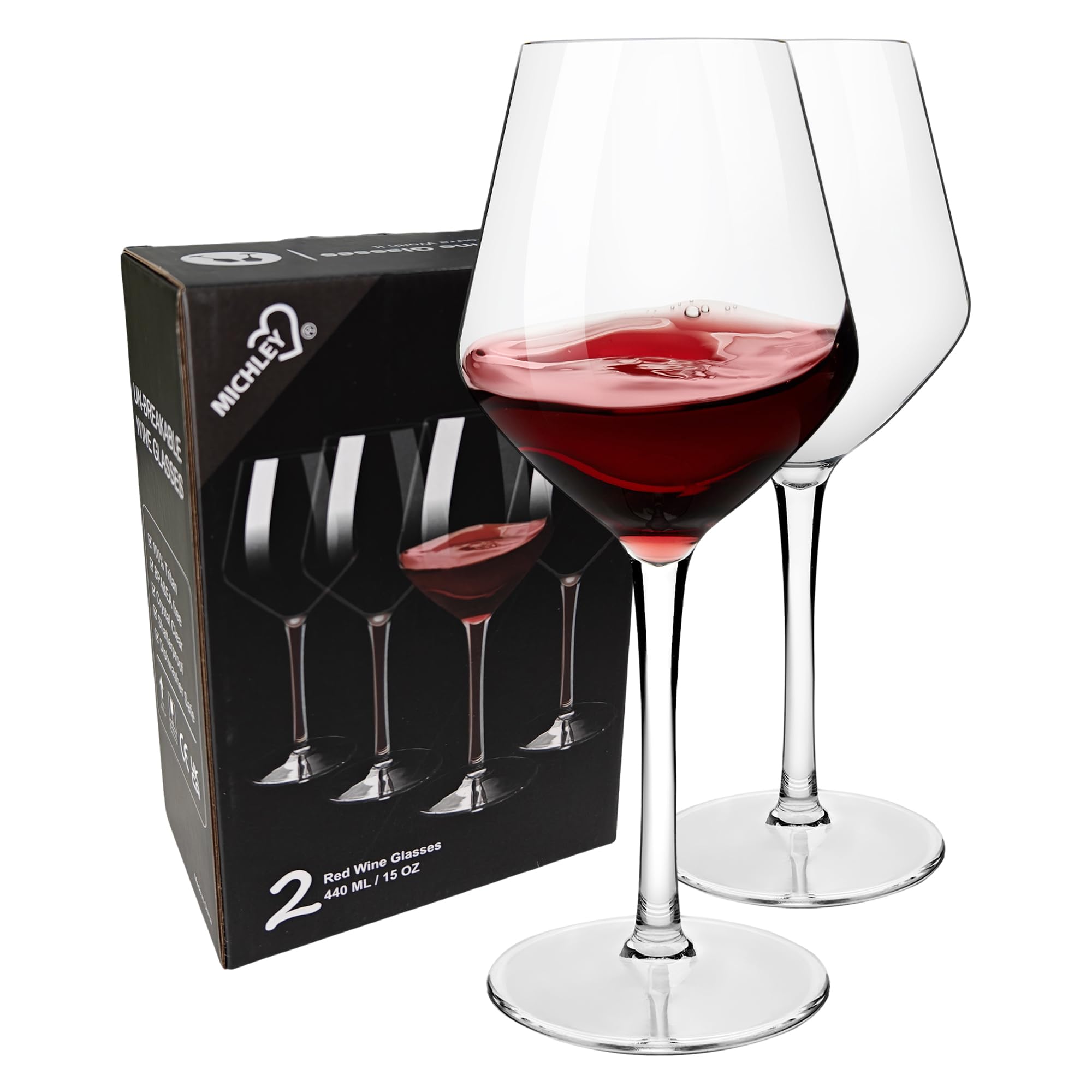COOKY.D Large Tritan-Plastic Red Bordeaux Wine Glasses 15oz, Unbreakable Long Stemmed Glassware for Party, Birthday, Dishwasher Safe, Dishwasher Safe, BPA Free, Set of 2