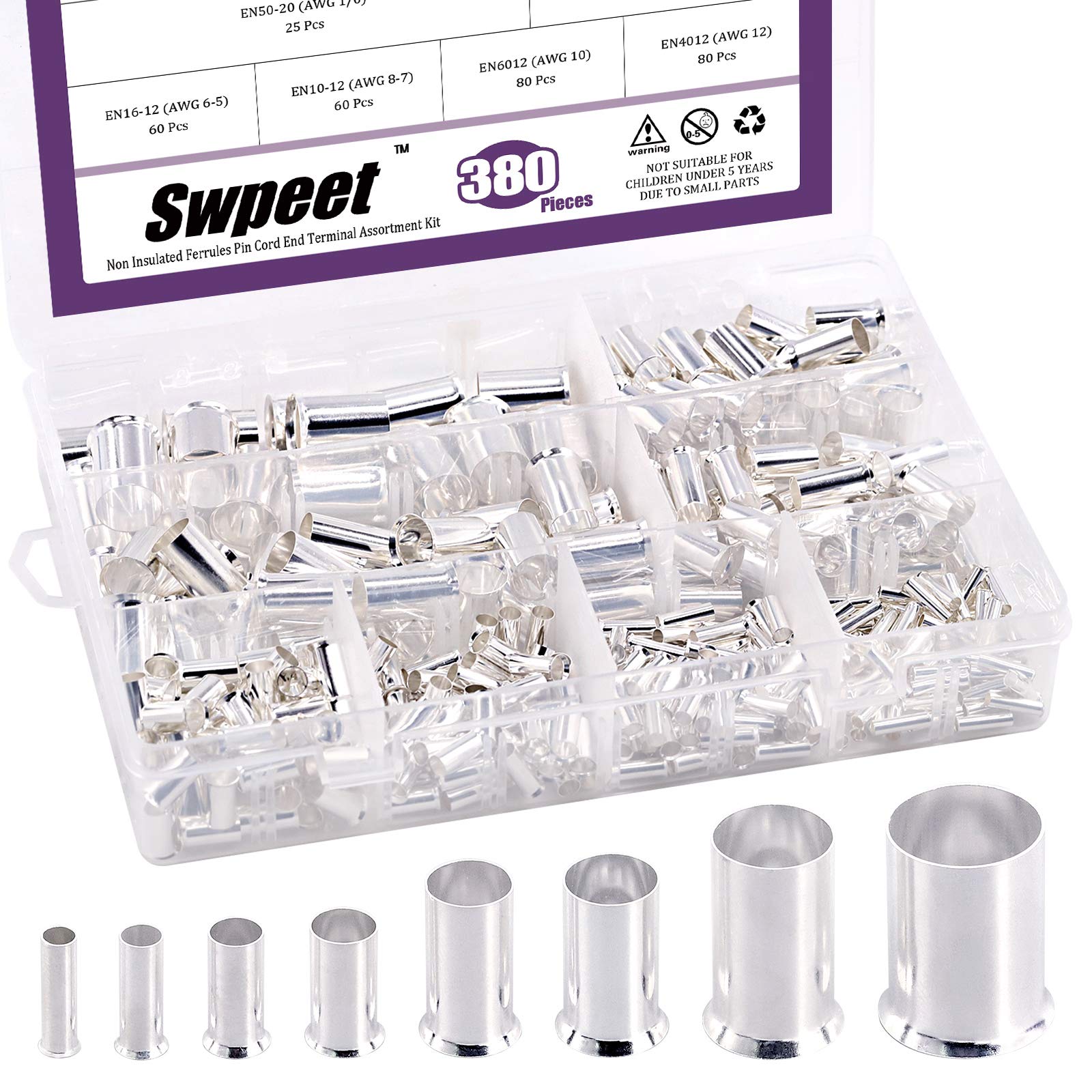 Swpeet 380Pcs 8 Sizes Wire Copper Crimp Fitting Ferrules Assortment Kit, 12 10 8 6 4 2 1/0 2/0 Wire Ferrule Tinned Copper Crimp Connector Electrical Cable Pin Cord End Terminal for Electric Connectors