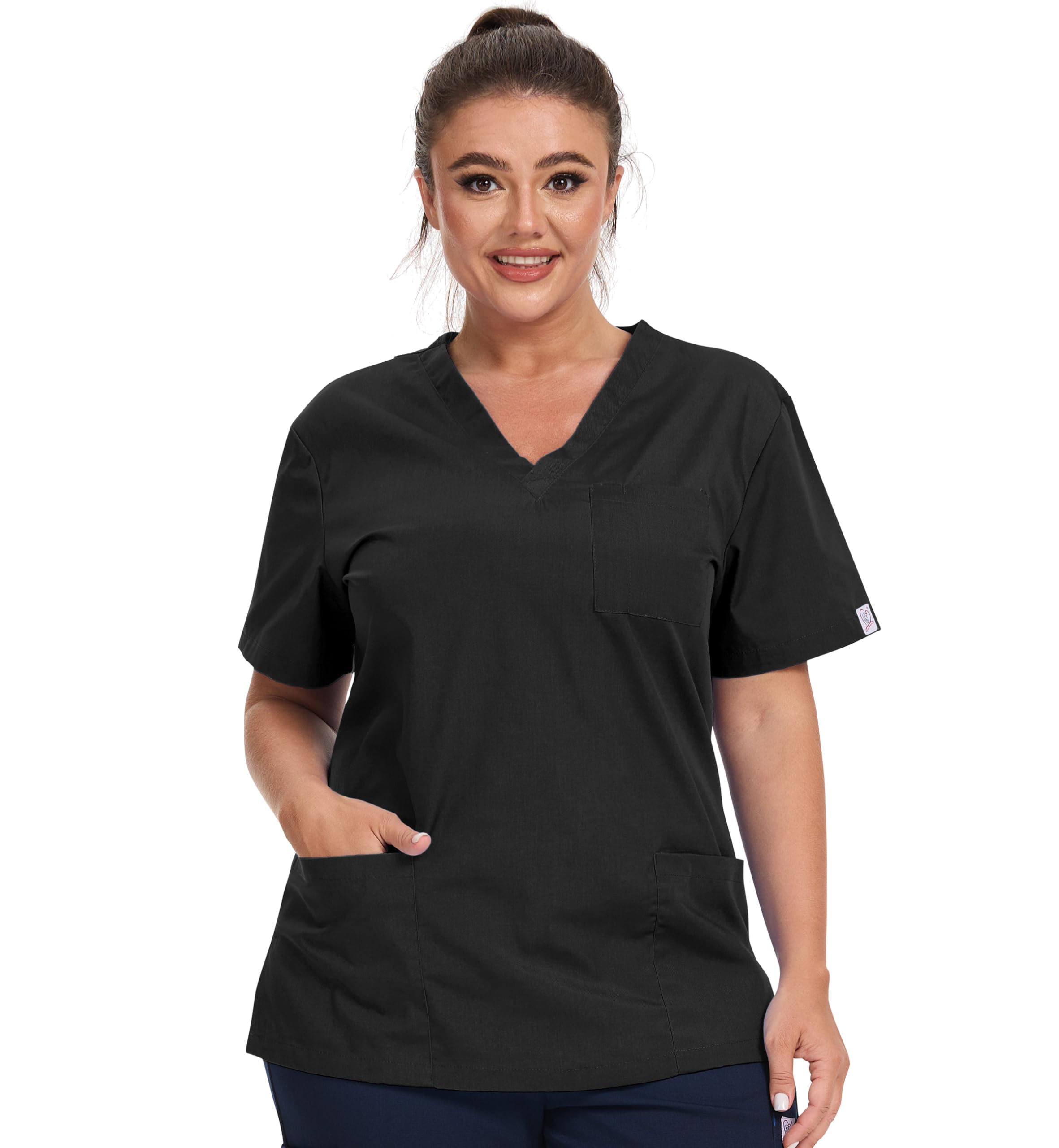 JONATHAN UNIFORM Women V Neck Tunic Scrub Top with 3 Pockets for Beauty, Dental, Carer, Vet (Black,L)