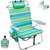 Low Beach Chair for Adults,5 Position Lay Flat, Portable Folding Aluminum Reclining Backpack Beach Chairs Heavy Duty with Cup Holder, Large Pocket for Outdoor/Lawn/Picnic/Fishing