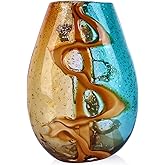 Pretty Hand Blown Glass Vase, Colored Glass Flower Vases Home Decor, Amber and Teal Decorative Murano vase for Living Room Office Bedroom Coastal Table Centerpieces Gift