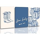 3 Pcs How Lucky Are We Canvas Wall Art Blue Disco Bows Posters Coastal Cowgirl Pictures Print Girly Western Wall Art Aesthetic Dorm Decor for Girls Room Bedroom Living Room Apartment Bathroom Decoration 12*16In (Stretched Canvas On A Wooden Frame)