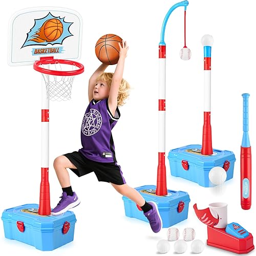 CINDYNAL 4-in-1 Toddler Basketball Hoop & Tee Ball Set,Adjustable Height Kids Basketball Hoop with Automatic Pitch - Indoor Outdoor Sports Toys for Toddlers Boys Girls Ages 2 3 4 5 6 Years Old