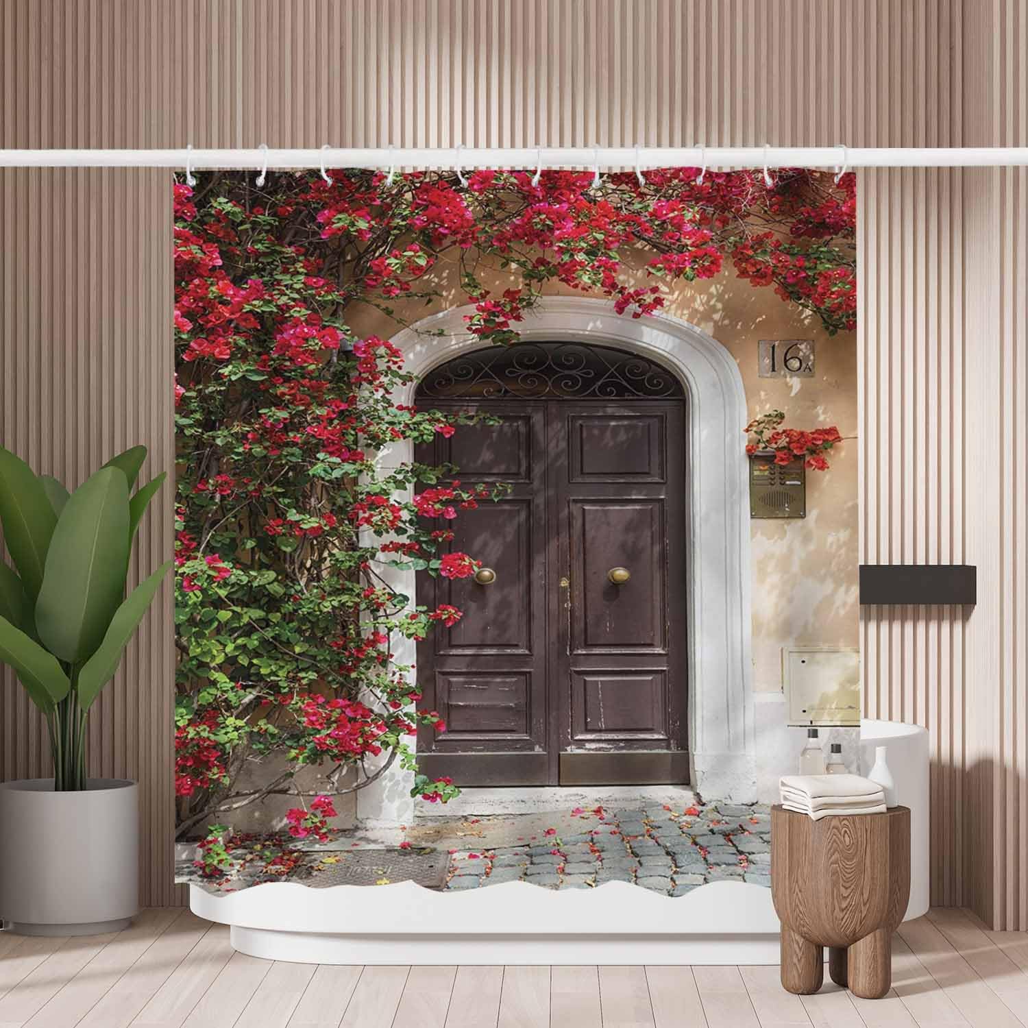 Woutay Shower Curtain Water Repellant Fabric Vintage Wooden Door Flowers,Mould Proof Resistant,Polyester,with 12 Plastic Hooks