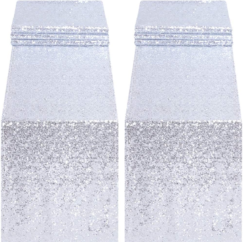 Blxsif Silver Sequin Table Runners 2 Pack 12x75 Silver