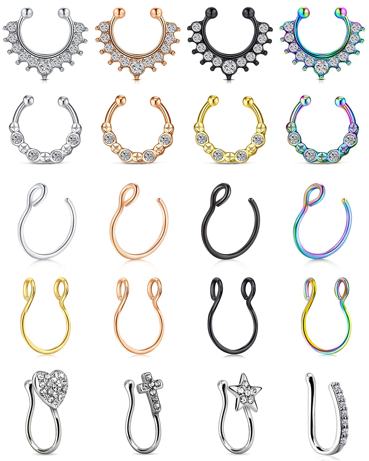 AceFun 20PCS Fake Septum Ring Fake Nose Ring Stainless Steel Faux Nose Lip Ear Septum Ring Non Piercing Clip On Nose Hoop Rings CZ Heart Star No Pierced Jewelry