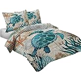 MUSOLEI Ocean Comforter Set Turtle Comforter Set, Sea Turtle Bedding Collections Soft for Teen Boys Turquoise Ocean Themed Mediterranean Style Printed Design Quilt Set Queen Size Comforter（Queen）