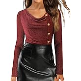 Lotusmile Blouses for Women Dressy Casual Cowl Neck Long Sleeve Sparkly Tops for Evening Party Date Night