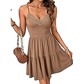 OPOIPIN Women's Lace Trim V Neck Sleeveless Cami A-Line Flare Ruffle Swing Short Mini Dress Brown X-Small