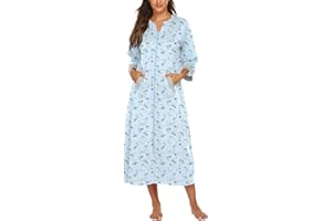Ekouaer Women Zipper Robe 3/4 Sleeves Loungewear Full Length Sleepwear Pockets Housecoat Long Soft Bathrobe