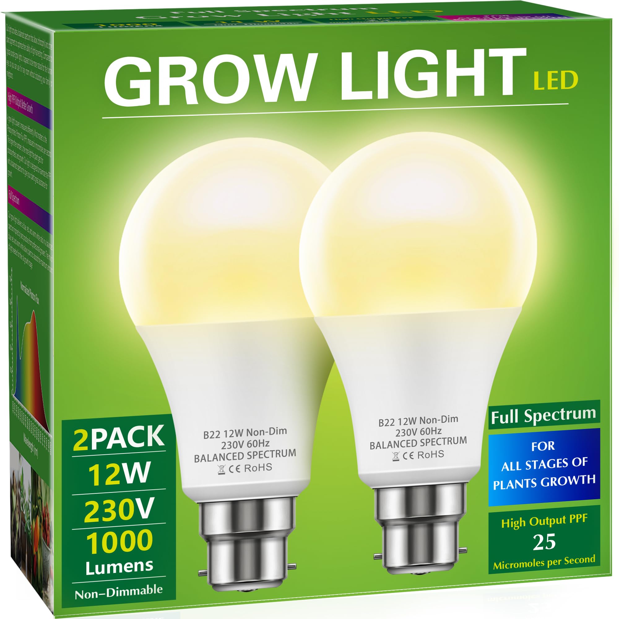 Briignite Grow Light Bulb, LED Grow Light A19 Bulb, Full Spectrum Grow Light for Indoor Plants, Plant Light Bulbs B22 Base, 12W Grow Lights for Indoor Plants, Seed Starting, 2Pack