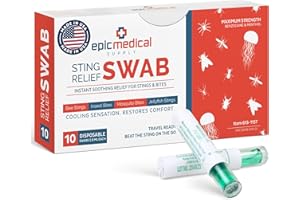 Epic Medical Supply Sting Relief Swab – Instant Mosquito Bite Relief & Bug Bite Relief – Max Strength Benzocaine & Menthol – 10 Disposable Swabs for Insect Bites, Bee Stings, Jellyfish & More