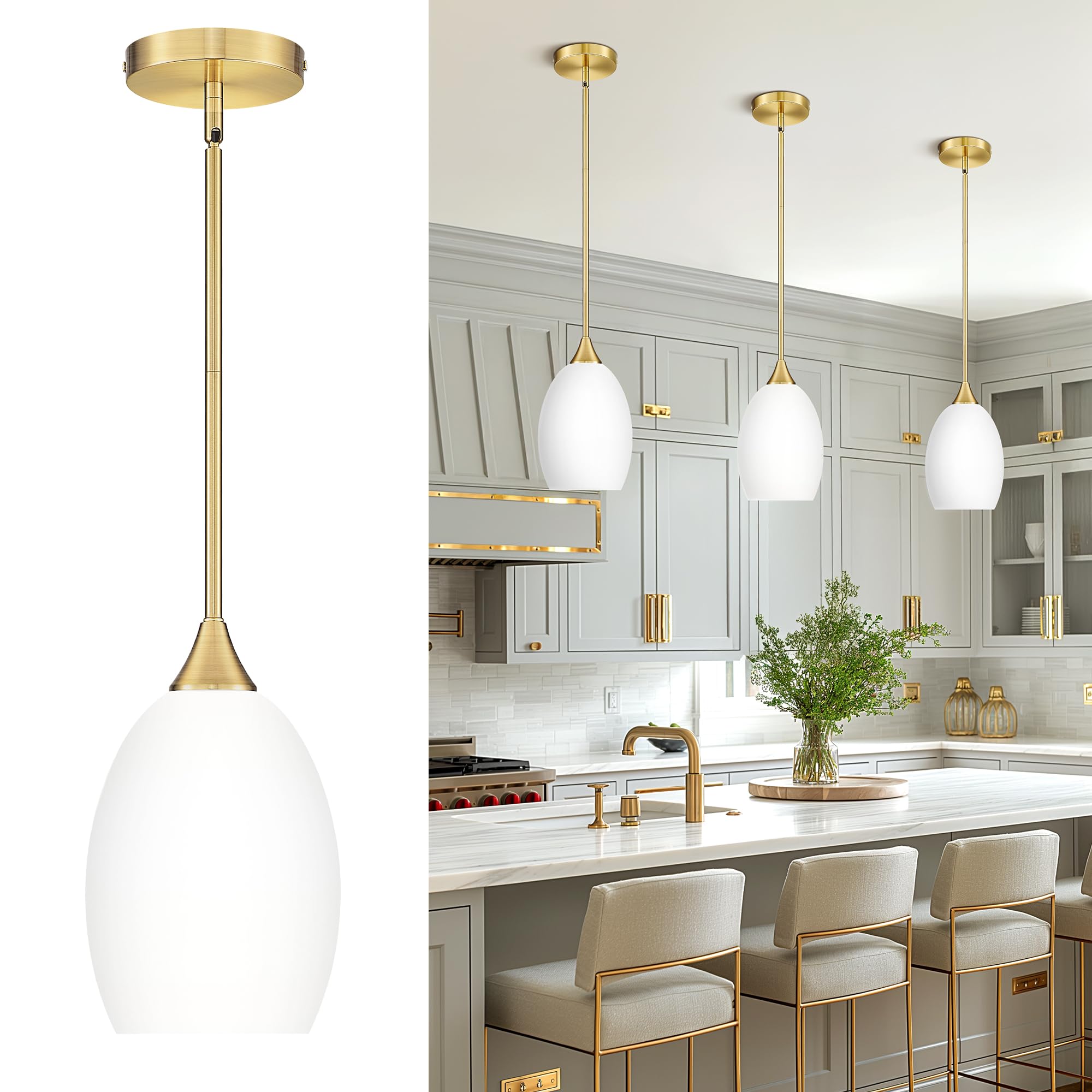 Photo 1 of **ONE LIGHT**AUTELO Gold Pendant Lights, Brass Pendant Lights Kitchen Island in Brushed Gold Finish with Milky White Glass, Farmhouse Pendant Light Fixtures, Hanging Lights for Kitchen Island H9300 MGBG-LR
