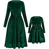 AWIBMK Mommy and Me Dresses Long Sleeve Solid Color Christmas Velvet Ruffle Dress Xmas Holiday Party Family Matching Outfits