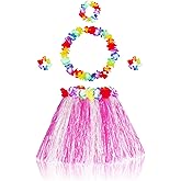 Fortuning's JDS Girl's Hawaiian Hula Grass Skirt Matching Elastic Flowers Kids Costume Set for Luau Tropical Beach Party