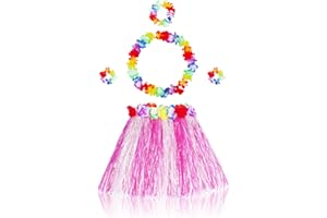 Fortuning's JDS Girl's Hawaiian Hula Grass Skirt Matching Elastic Flowers Kids Costume Set for Luau Tropical Beach Party