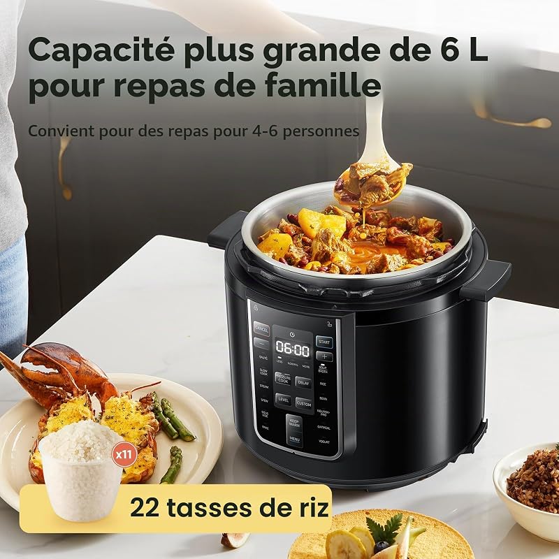 Autocuiseur Électrique Rapide 9-en-1, 12 Programmes Prédéfinis, Multicuiseur Inox Instantané, Pot Antiadhésif, Yaourtière, Cuiseur de Riz, Cuisson Lente, Sauté, Vapeur, 6L, Noir