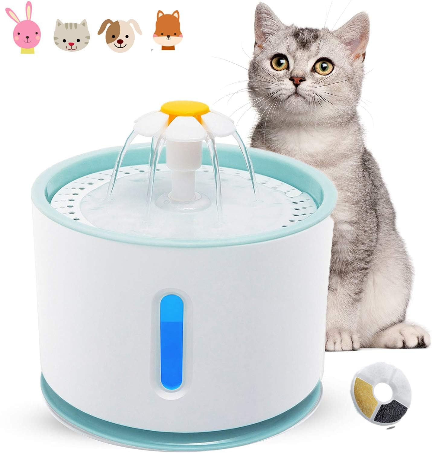 Cat Water Fountain, Ultra Quiet Fountain Cat Bowl with Water Level Window & LED Light, Automatic Pet Drinking Fountain with 1 Carbon Filter
