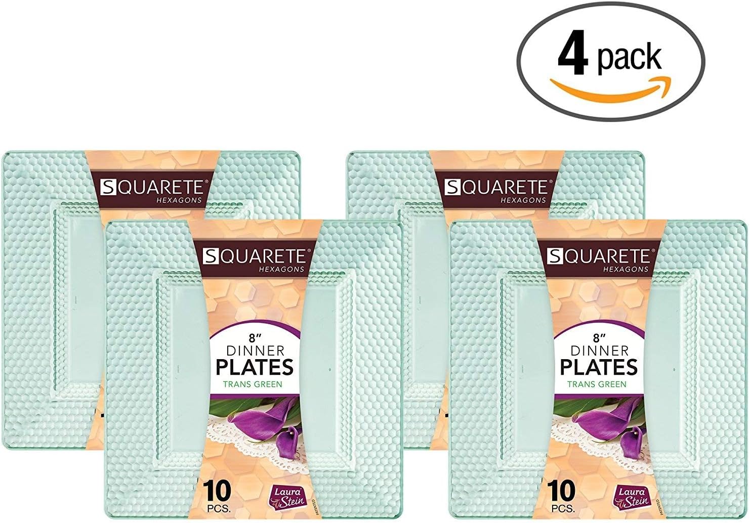 Squarete Hexagons Translucent Green Hard Plastic Elegant Disposable 8'' inch Square Lunch Plates 10 Plates Per Package Pack of 4