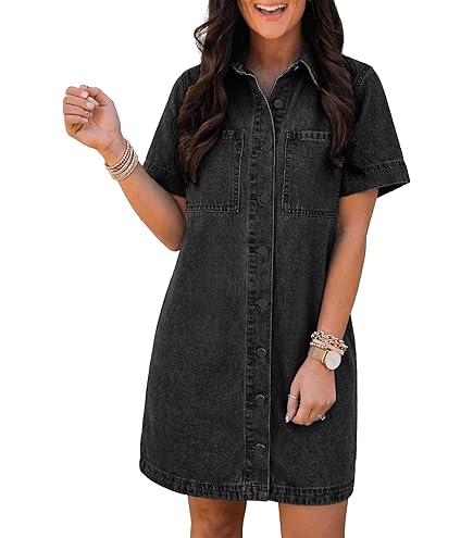 Amazon.com: Embroidery Denim Dress Women's Summer Slim Waist Short Sleeve Jeans  Dress with Pocket Lapel Ladies Casual Denim Dresses : Clothing, Shoes &  Jewelry