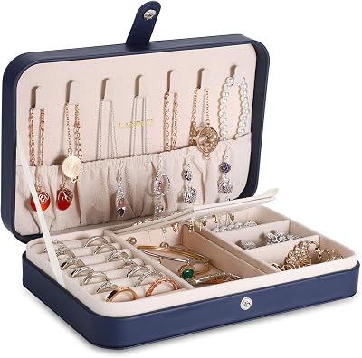 LANDICI Small Jewellery Box Navy PU Leather Travel Organizer
