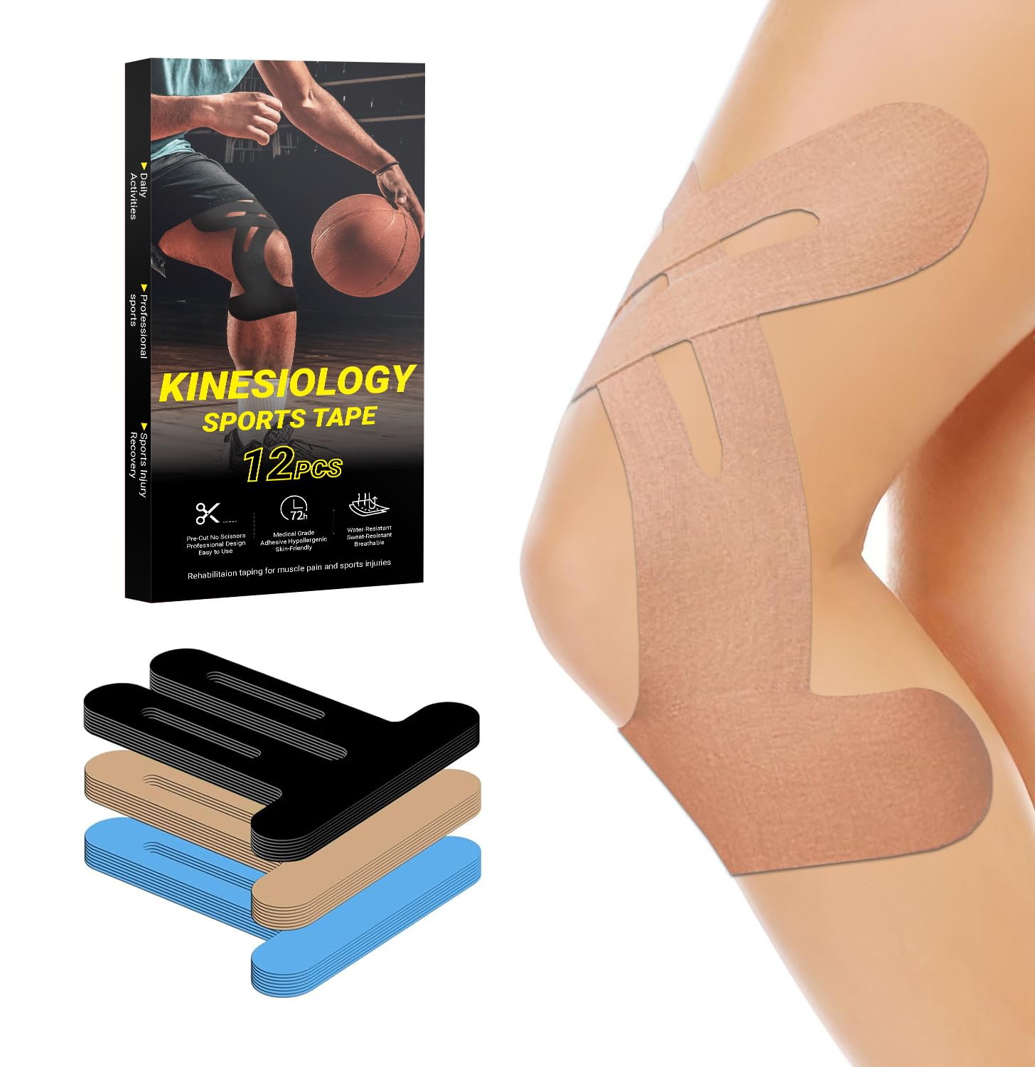 Photo 1 of Kinesiology Tape for Knees 12 Pcs, PreCut Athletic Knee Tape for Knee Pain Relief- Brace & Elastic Supports- Waterproof & Breathable Hypoallergenic Latex-Free Tape Beige