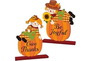 XHCYGWY Thanksgiving Scarecrow Decorations Wooden Centerpiece Give Thanks Be Joyful Thanksgiving Table Decorations Harvest Scarecrow Table Topper for Autumn Thanksgiving Party Decor Supplies