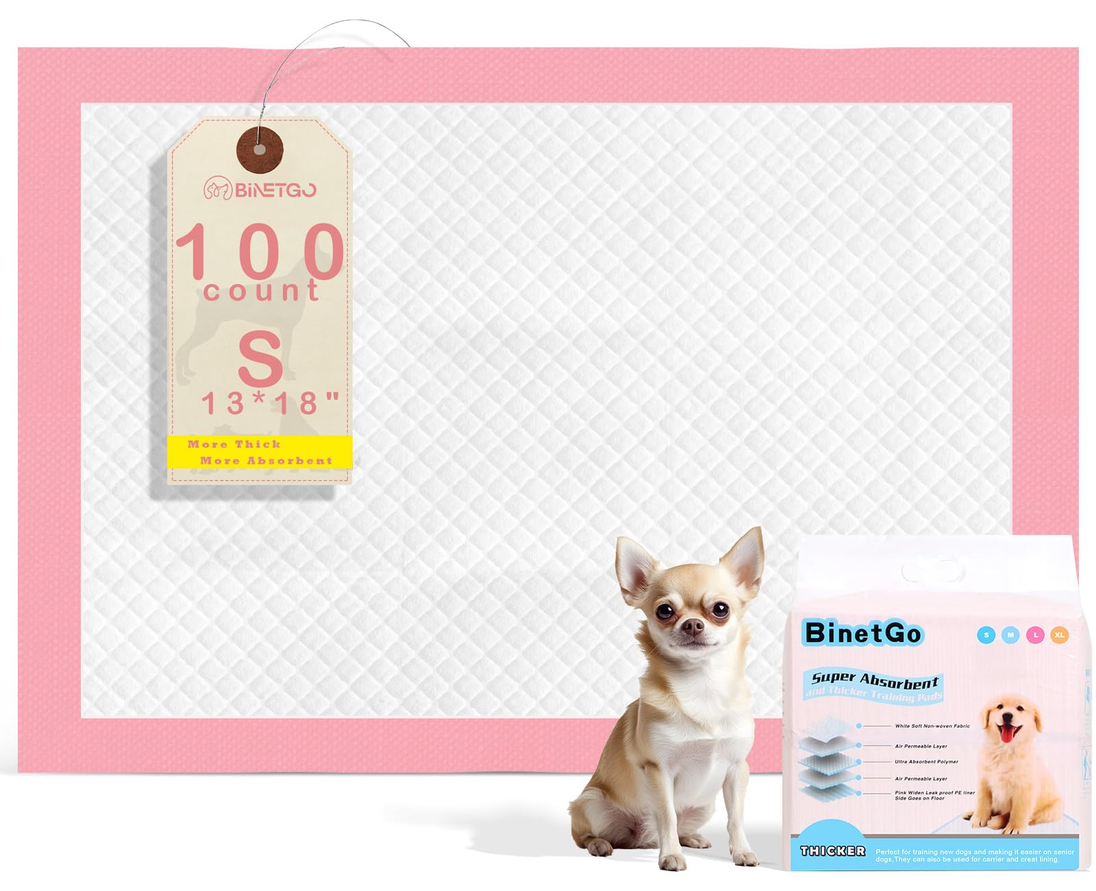 Photo 1 of BinetGo Pink Disposable Pee Pads for Dogs, 100 Count 13” x 18” Small Wee Wee Pads for Dogs Urine, Extra Absorbent Unscented Puppy Pads, Pet Training Pads for Dogs, Pink Doggy Pee Pads for Indoors