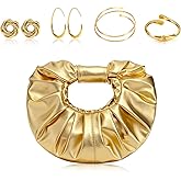 JarThenaAMCS 5 Pcs Gold Clutch Purse Jewelry Set Women Evening Bag Handbag with Cuff Bracelet Earring Accessories for Wedding Banquet Prom Party