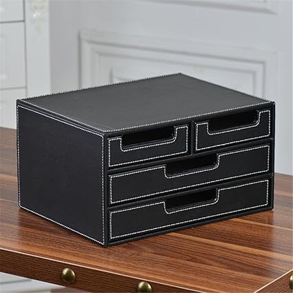 Black Fuax Leather Wooden Desktop Document Storage Box Drawer