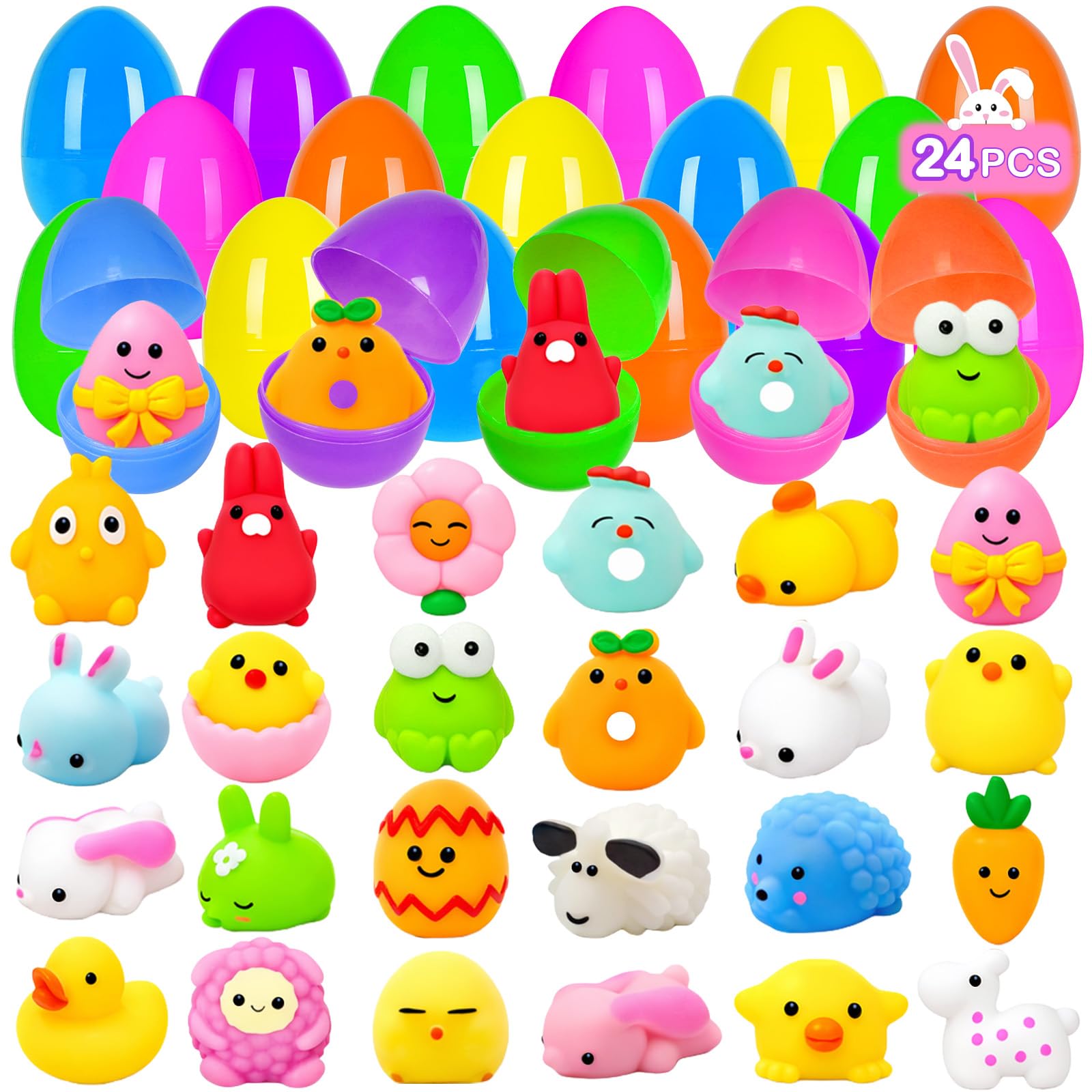 ZICZLI 24 Pack Easter Egg Mochi Squishies Toys, Squeeze Stress Relief Toys for Kids Boys Girls Easter Egg Hunt Filling Treats Basket Stuffers Easter Party Favor