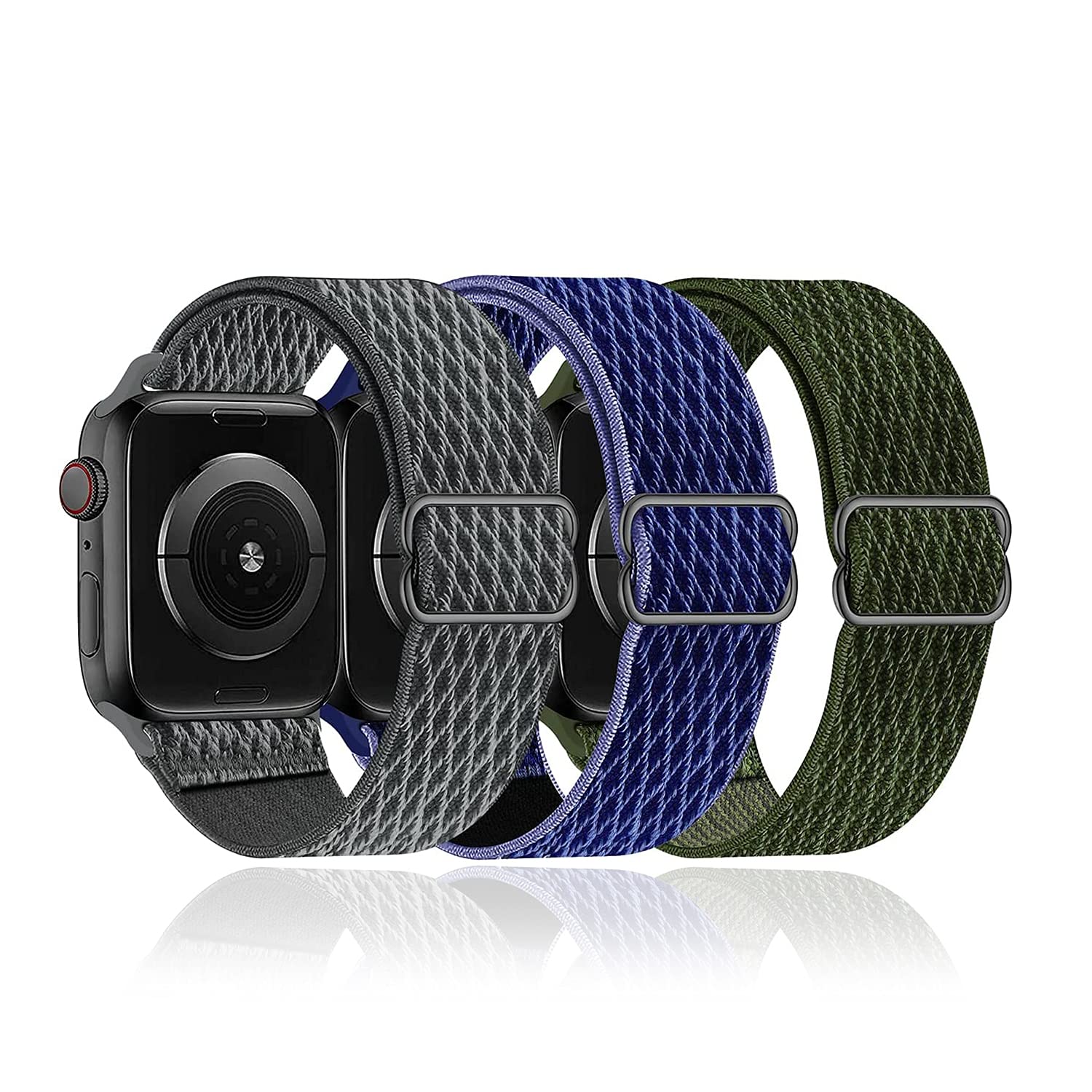 baklon Pack 3 Strap Compatible with Apple Watch Strap 38mm 40mm 41mm 42mm 44mm 45mm, Braided Elastic Stretchy Nylon Sports Replacement band for IWatch Series 7/6/5/4/3/2/1/SE, Grey/Blue/Black
