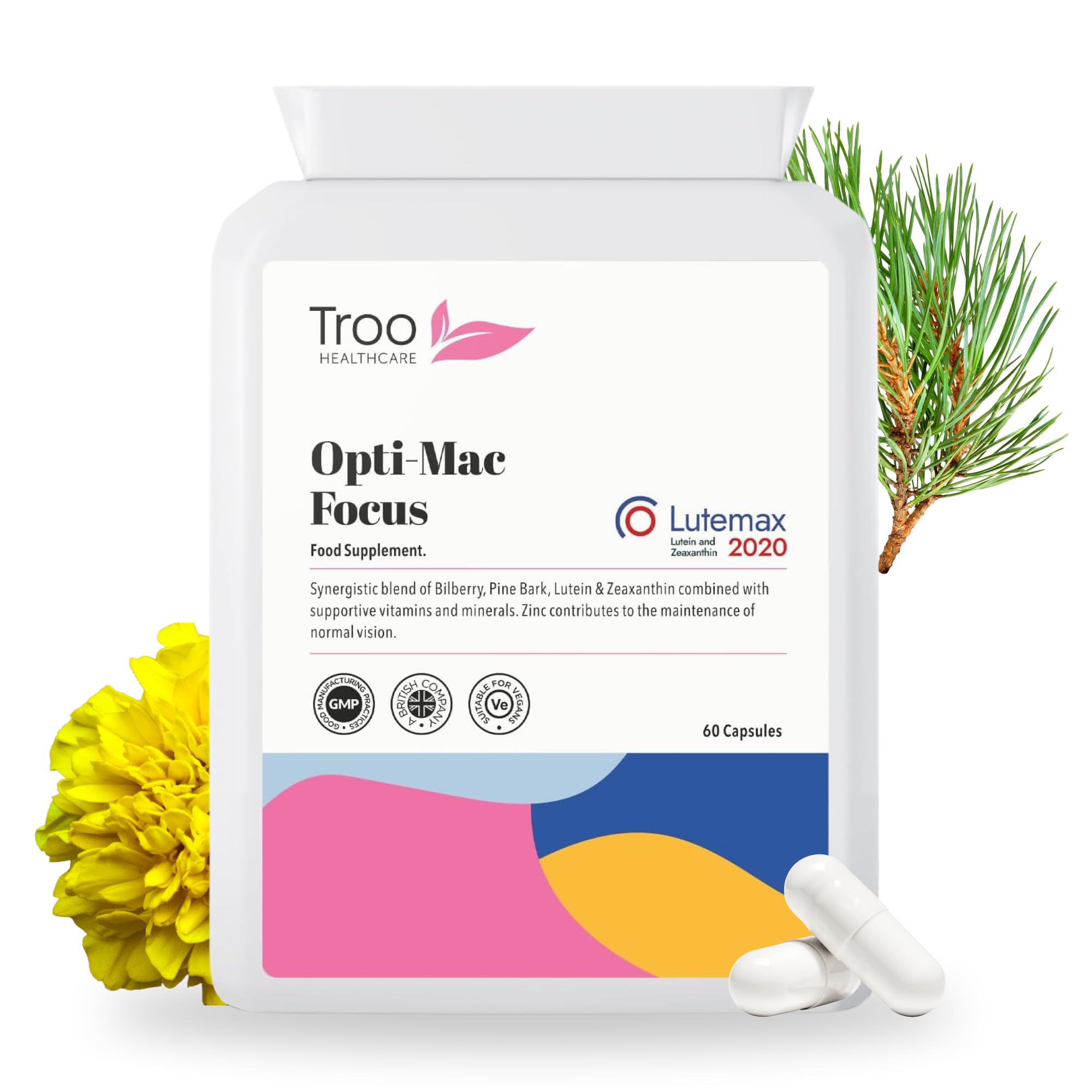 Troo Health Care Opti-Mac Focus Eye Support 60 Capsules – Advanced Macular and Vision Support with Zeaxanthin, Lutein, Bilberry & Pine Bark - 1 Per Day Daily Supplement - 2 Months Supply – UK Made