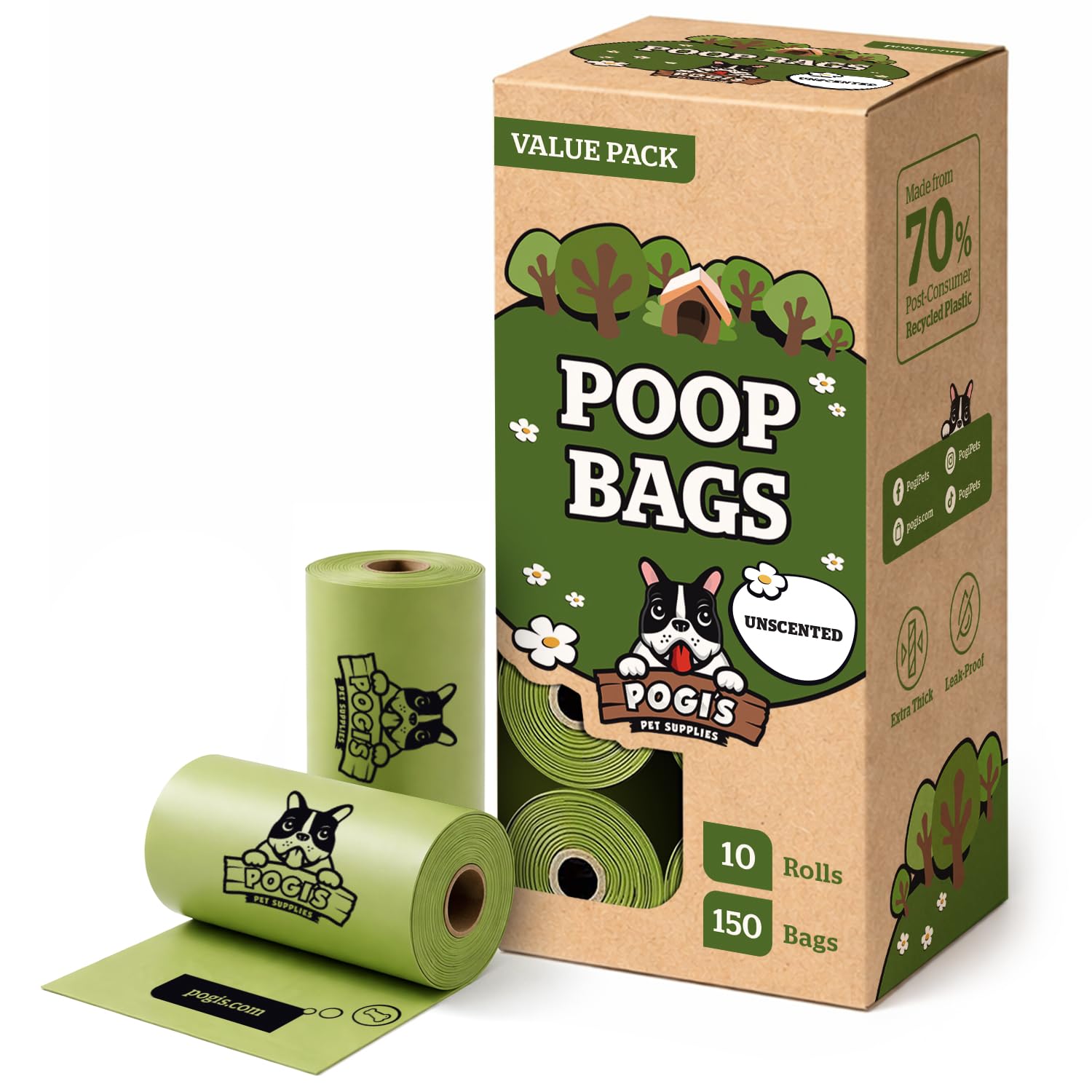 Pogi’s Dog Poo Bags – Biodegradable, Ultra Thick, Leak-Proof, Fragrance Free, 150 Bags (10 Rolls)