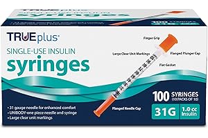 TRUEplus Single-Use Insulin Syringes, 31G 1.0cc 5/16 Inch Needle Length, 100 Count (10 Packs of 10)